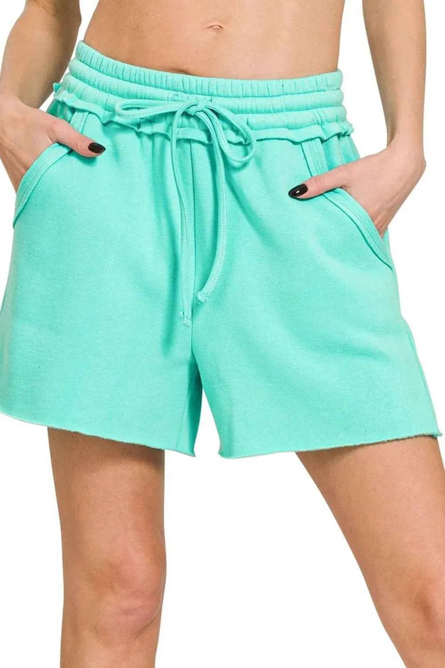 Zenana Fleece Raw Hem Shorts With Draw String
