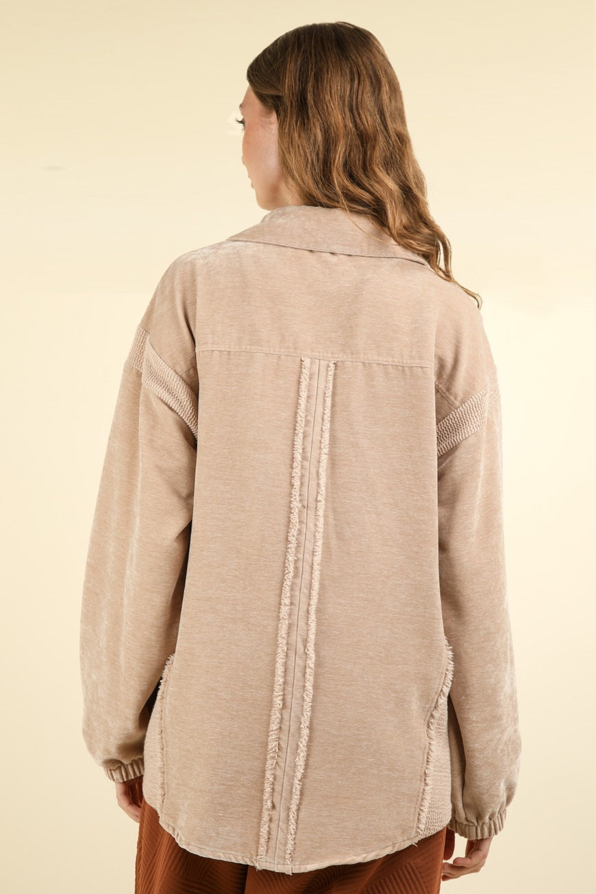 VERY J Mixed Media Button Down Raw Hem Shacket - TopFashionHQ