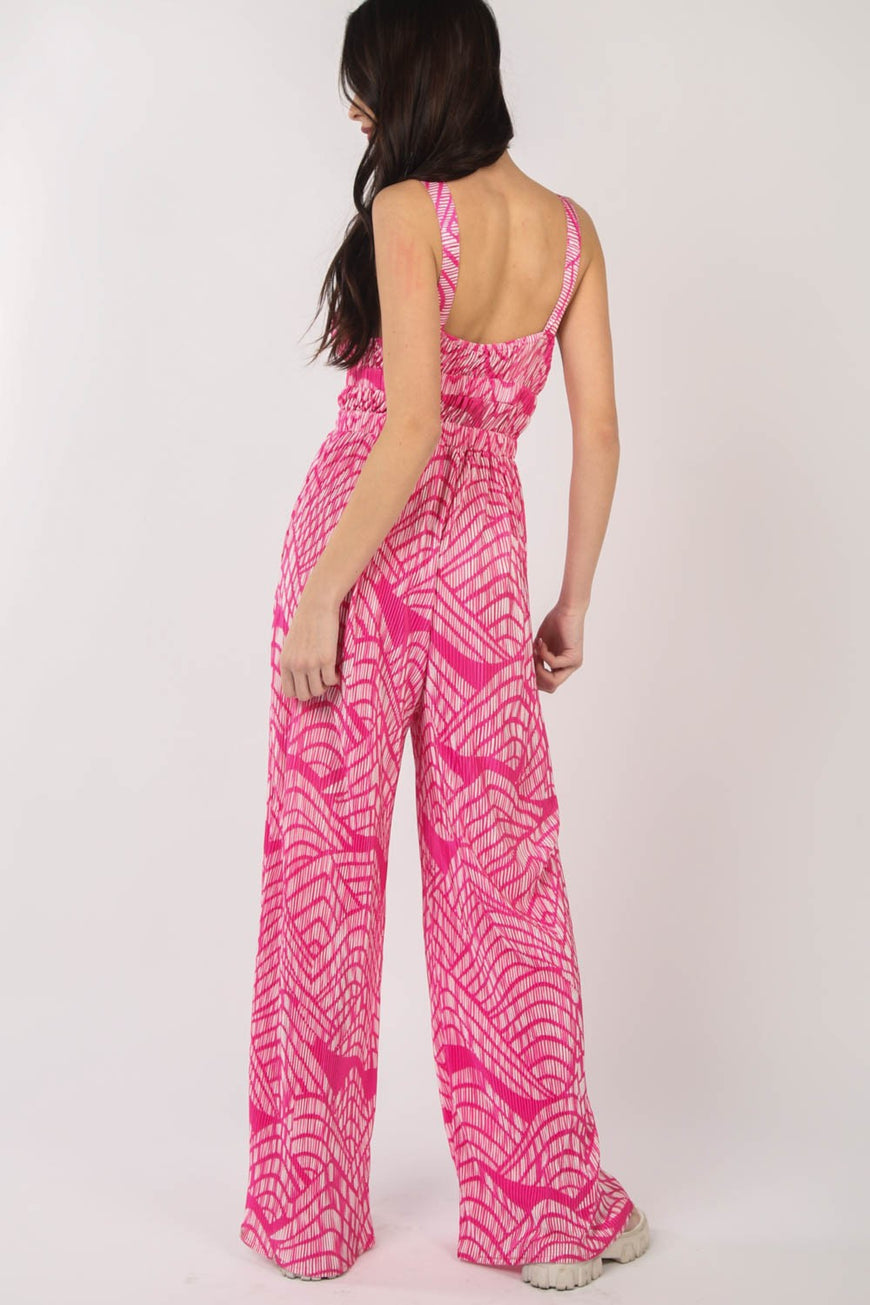 VERY J Printed Pleated Sleeveless Wide Leg Jumpsuit - TopFashionHQ