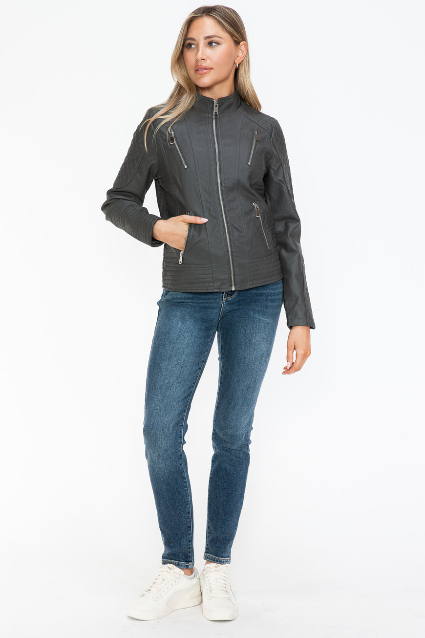 Snobbish Faux Leather Zip Up Mock Neck Jacket - TopFashionHQ