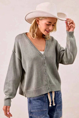 BiBi Washed Sweater V Neck Cardigan