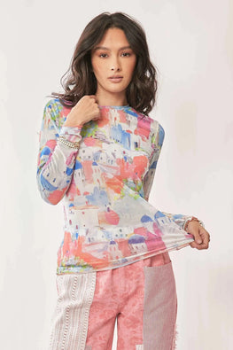 Davi & Dani Multi Printed Mesh Round Neck Long Sleeve Top