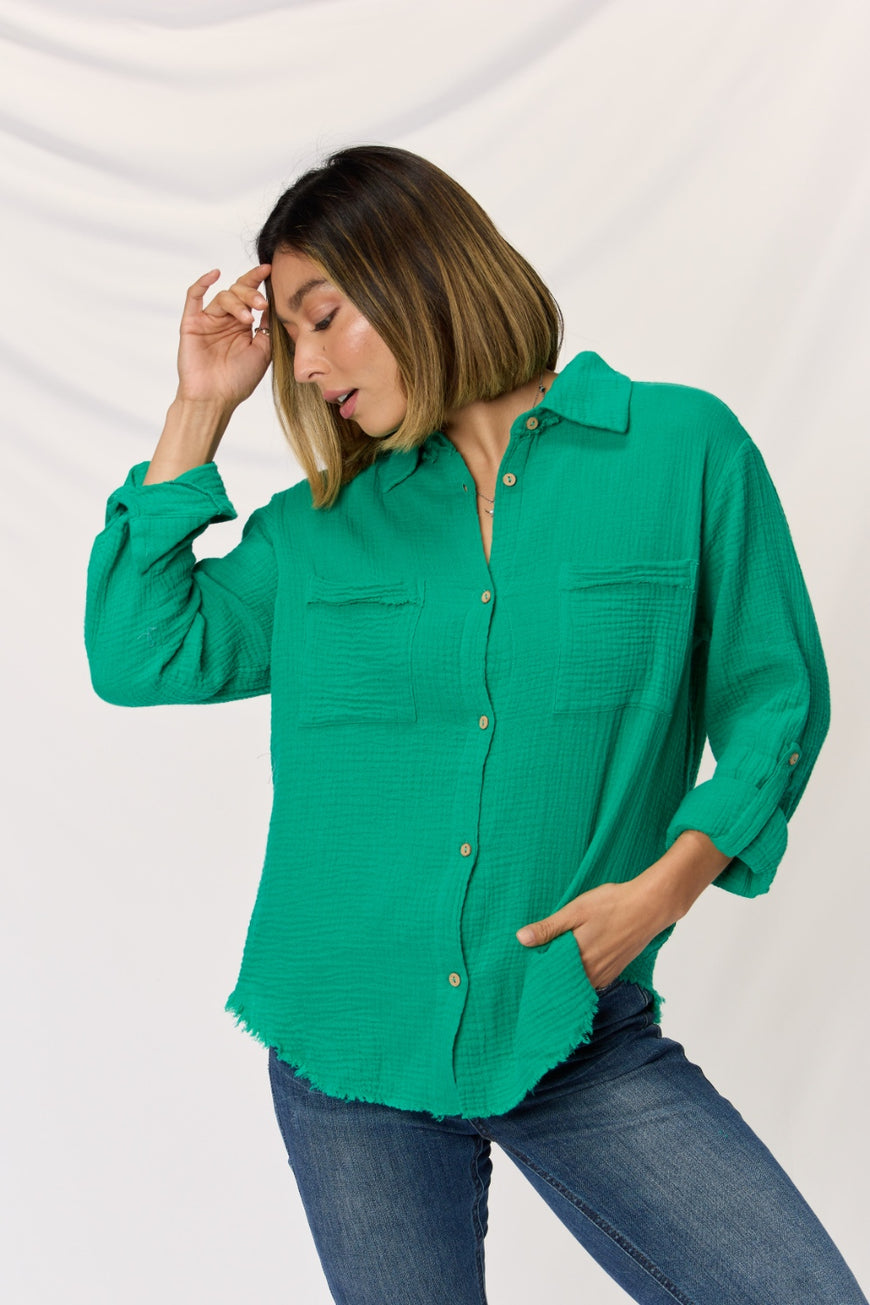 Zenana Texture Button Up Raw Hem Long Sleeve Shirt - TopFashionHQ
