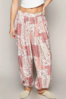 POL Drawstring Floral Patchwork Wide leg Pants