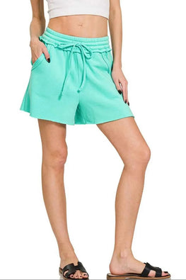Zenana Fleece Raw Hem Shorts With Draw String