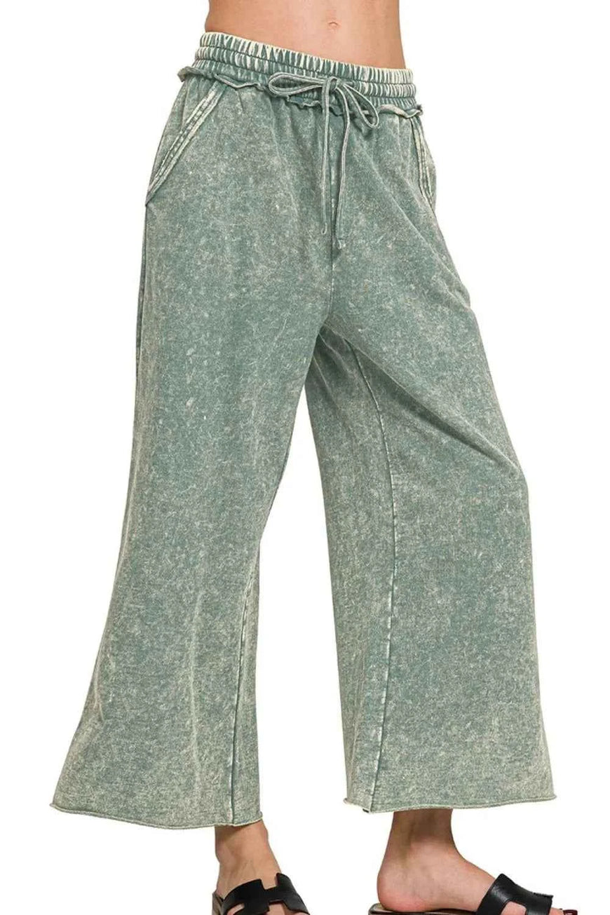 Zenana Washed French Terry Palazzo With Pockets
