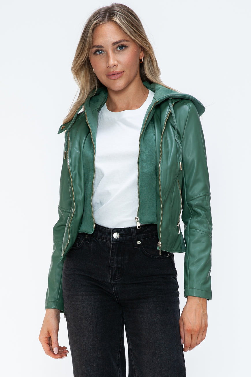 Snobbish Faux Leather Zip Up Drawstring Hooded Jacket - TopFashionHQ