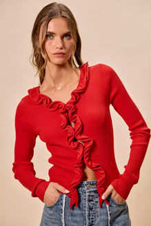 SO ME Cascade Ruffle Ribbed Sweater Cardgian
