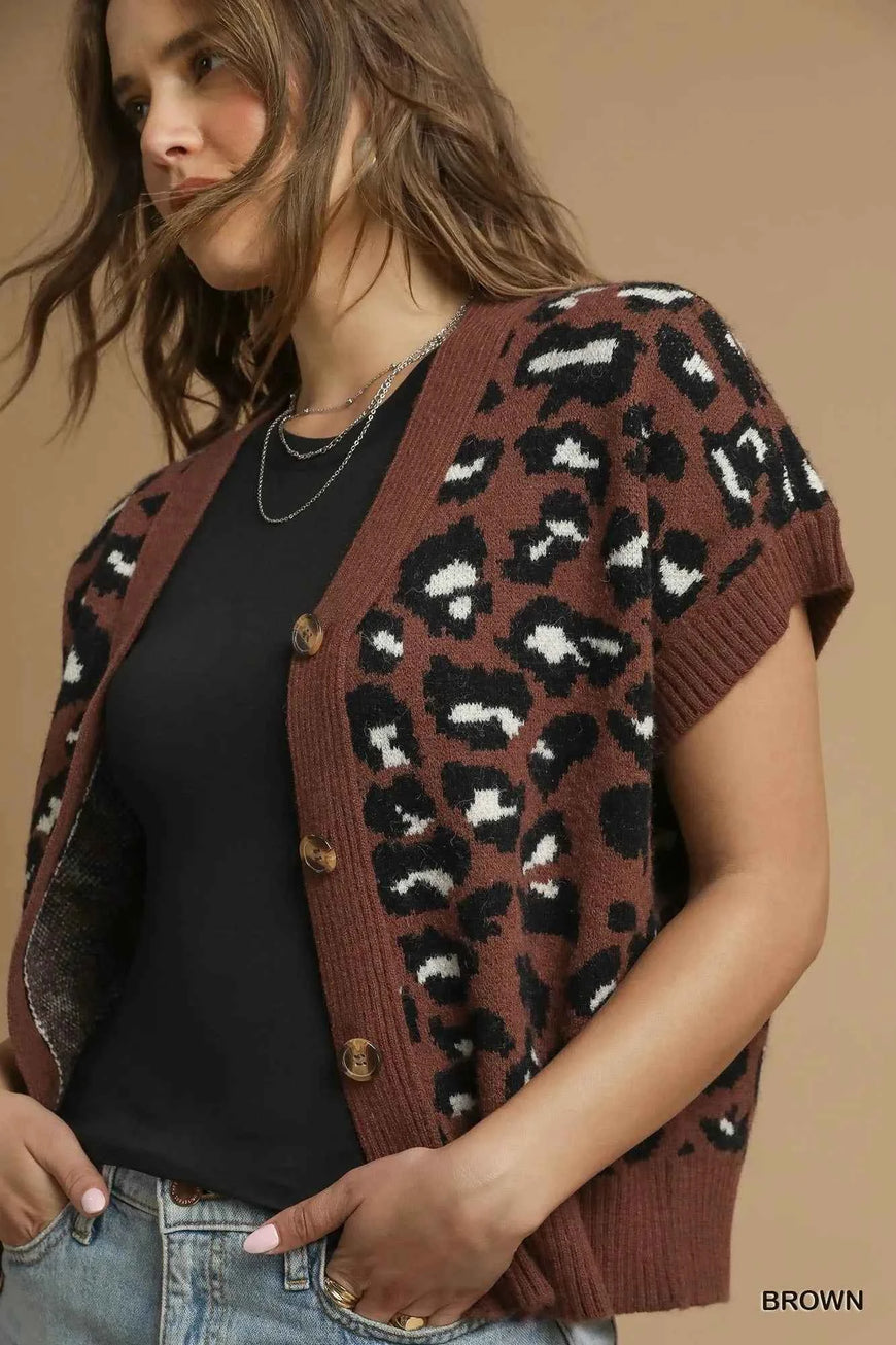 Umgee Leopard Button Down Short Sleeve Cardigan