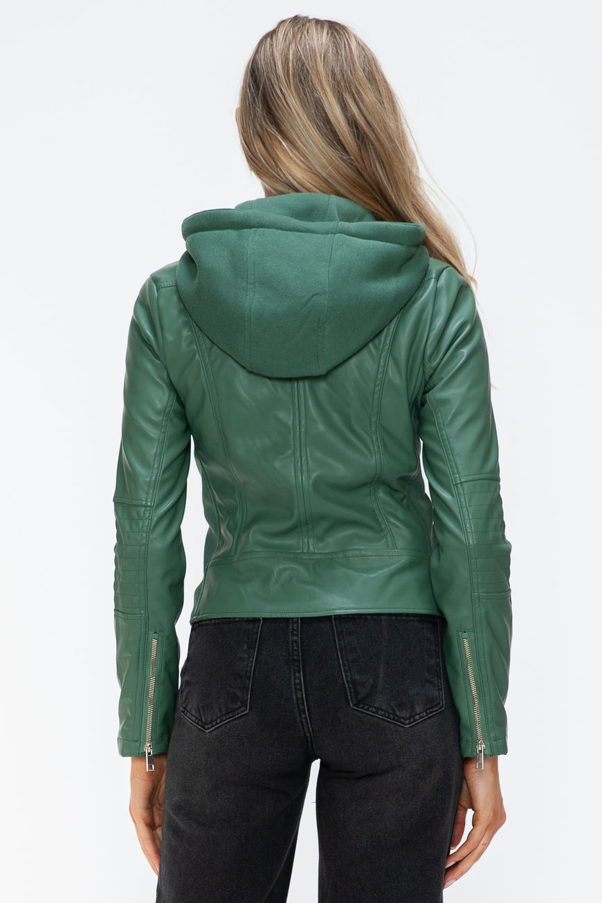 Snobbish Faux Leather Zip Up Drawstring Hooded Jacket - TopFashionHQ