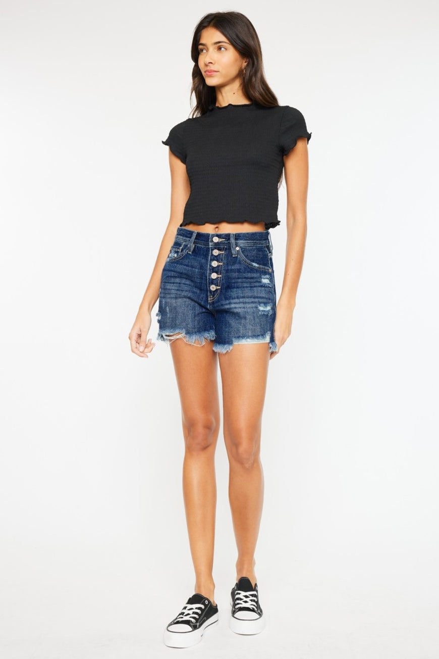 Kancan Raw Hem Button-Fly Denim Shorts - TopFashionHQ