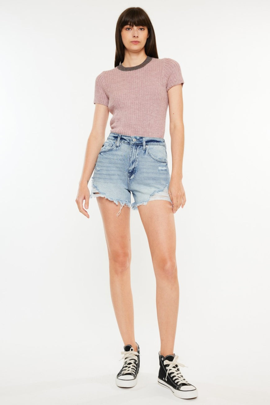 Kancan Distressed High Waist Denim Shorts with Pockets - TopFashionHQ