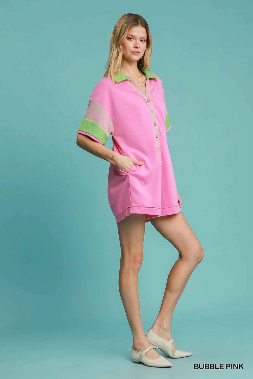 Umgee Contrast Trim Button Front Romper