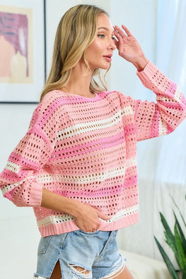 First Love Striped Long Sleeve Openwork Knit Top - TopFashionHQ