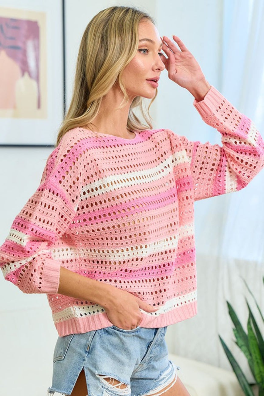First Love Striped Long Sleeve Openwork Knit Top - TopFashionHQ