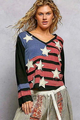POL Double Gauze American Flag Patch V-Neck Long Sleeve T-Shirt
