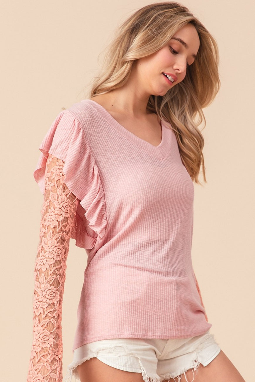 BiBi Ruffled Lace Sleeve Rib Knit Top - TopFashionHQ