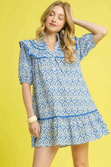 Umgee Ruffled Printed Puff Sleeve Mini Dress