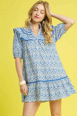 Umgee Ruffled Printed Puff Sleeve Mini Dress