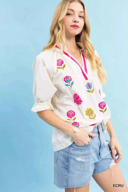 Umgee Embroidered Floral Top with Contrast Trim