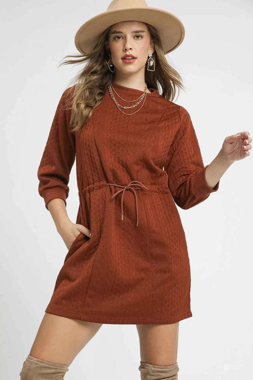 Umgee Drawstring Cable Knit Mini Dress with Pockets