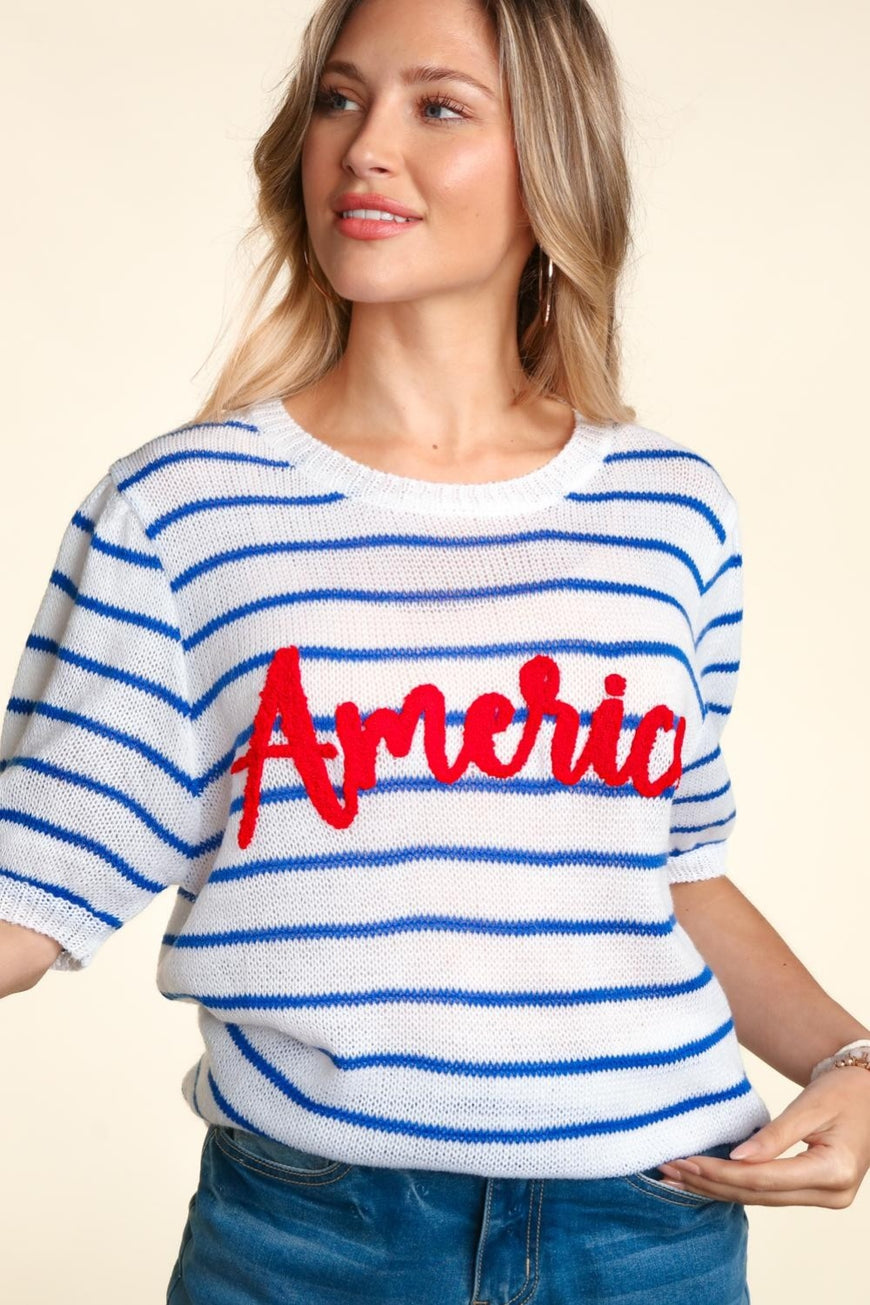 Haptics Letter Embroidery Striped Knit Top - TopFashionHQ