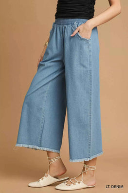 Umgee Washed Fringe Hem Wide Leg Jeans