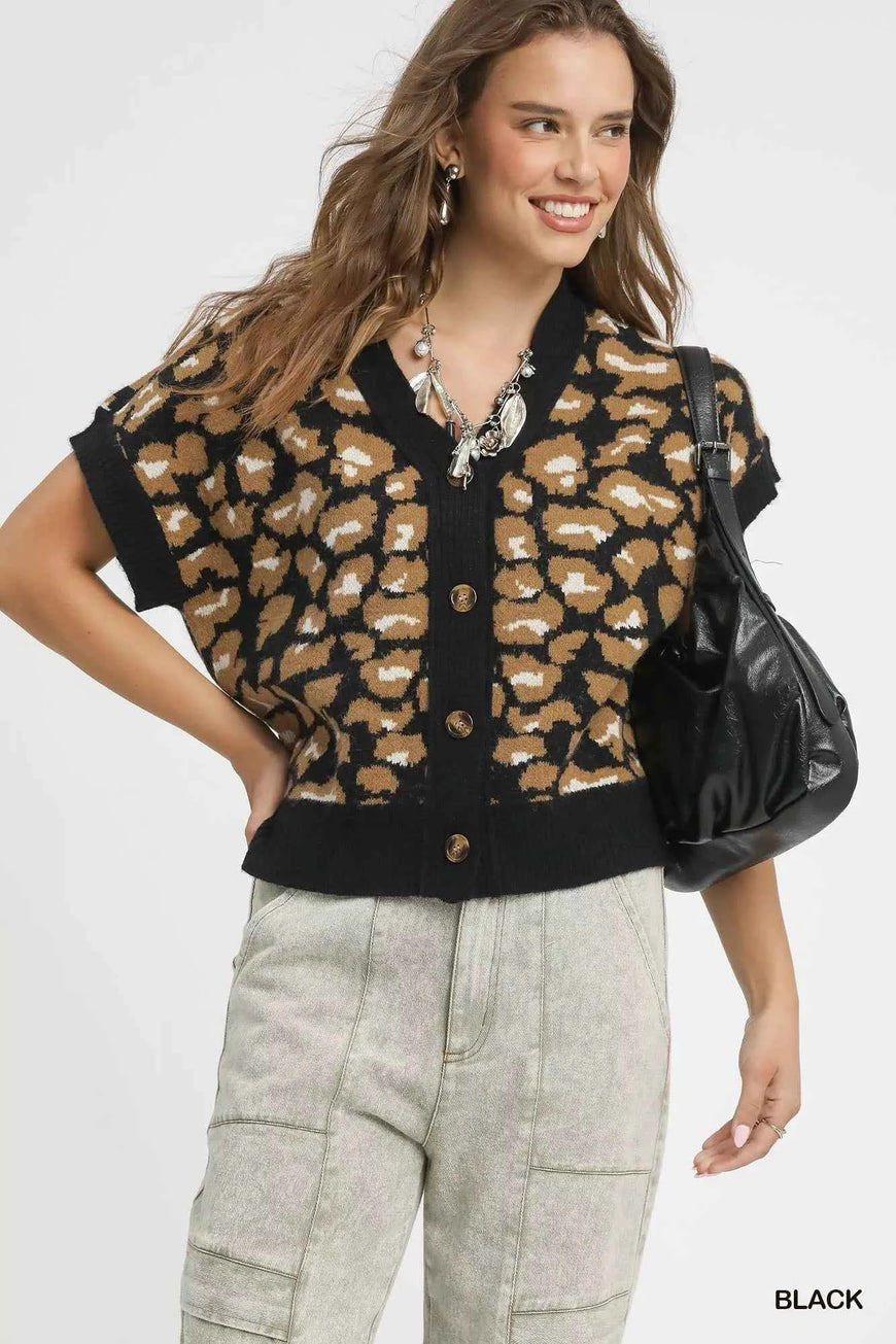 Umgee Leopard Button Down Short Sleeve Cardigan