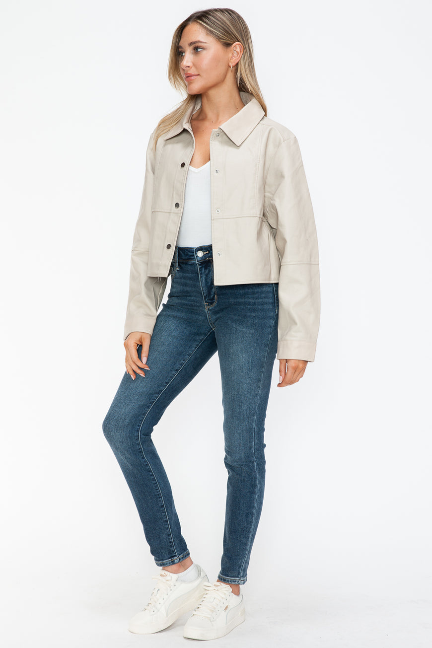 Snobbish Snap Down Long Sleeve PU Leather Jacket - TopFashionHQ