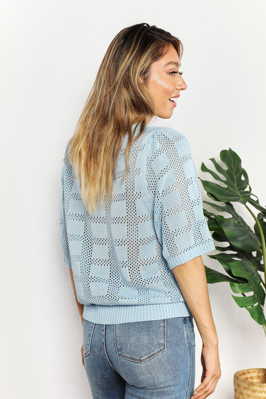 Double Take Ribbed Trim Round Neck Knit Top - TopFashionHQ