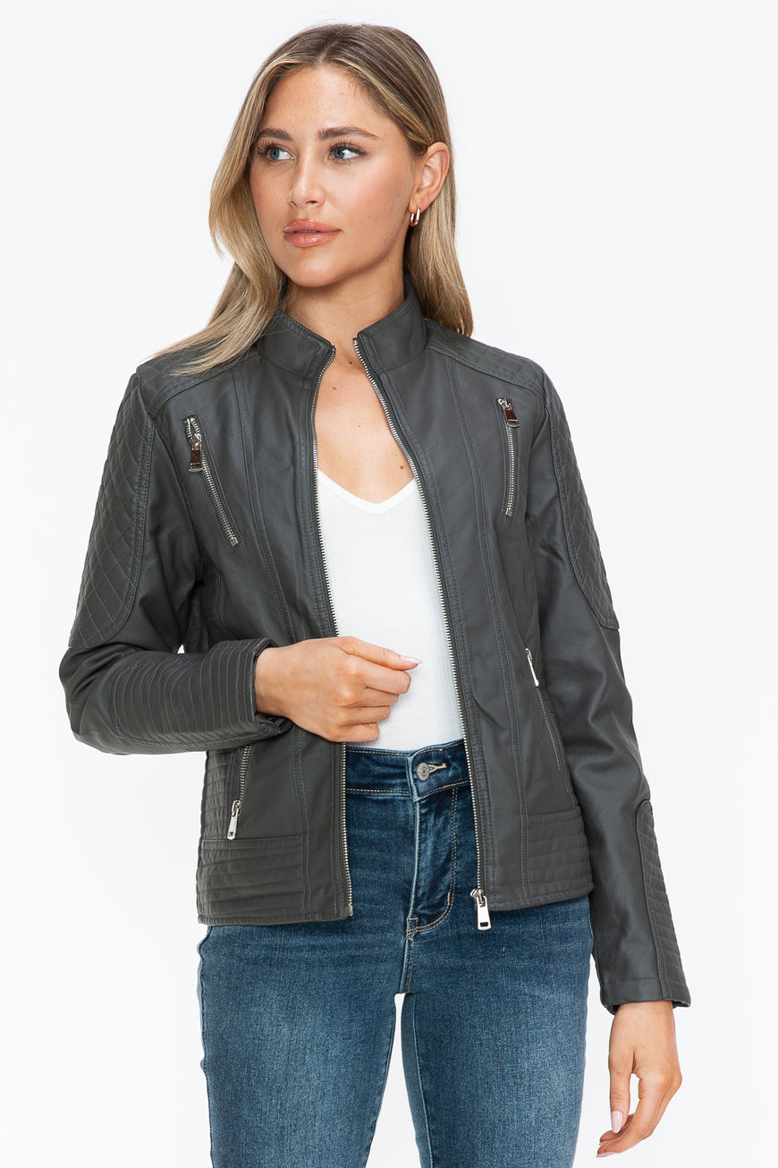 Snobbish Faux Leather Zip Up Mock Neck Jacket - TopFashionHQ