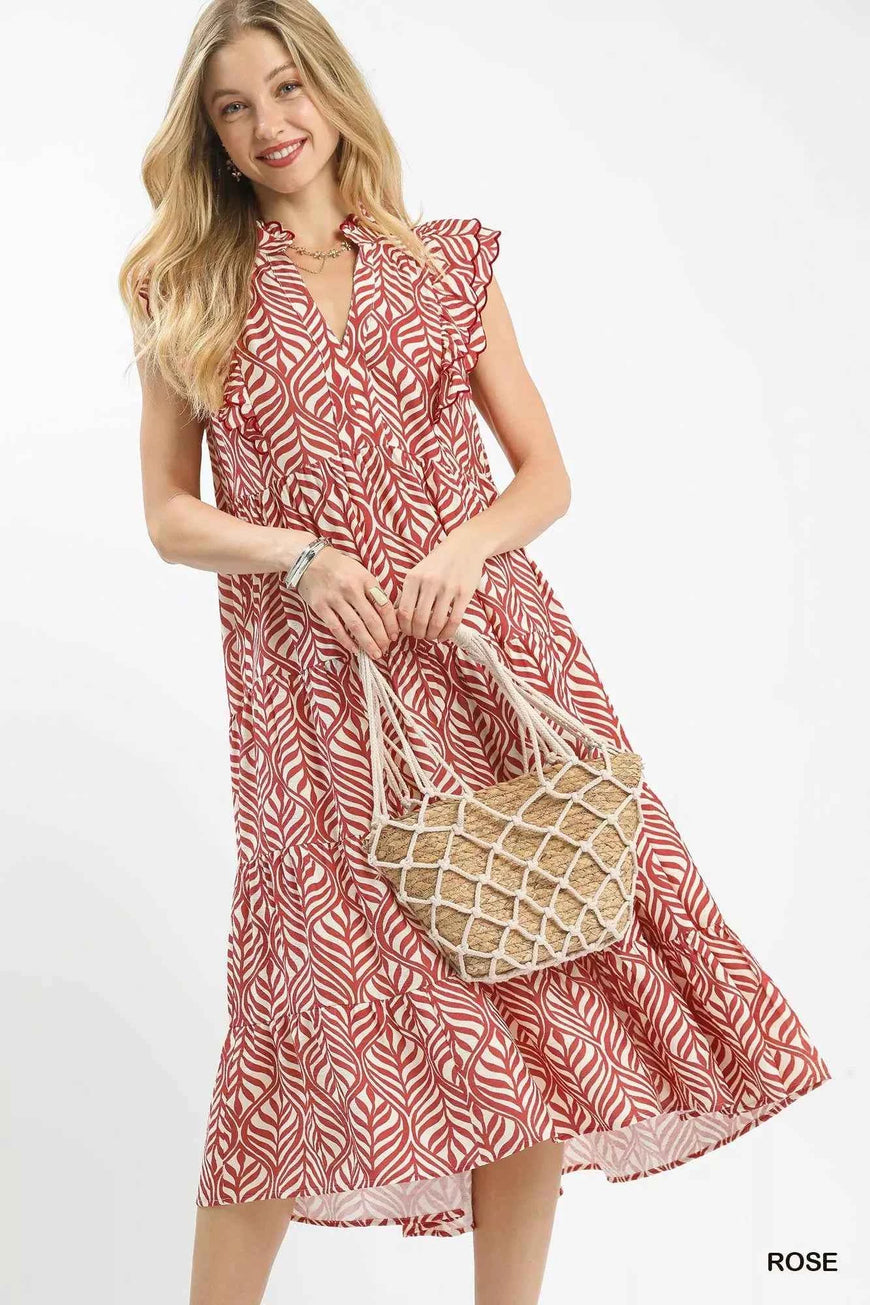 Umgee Leaf Print Tiered Midi Dress with Ruffle Detail