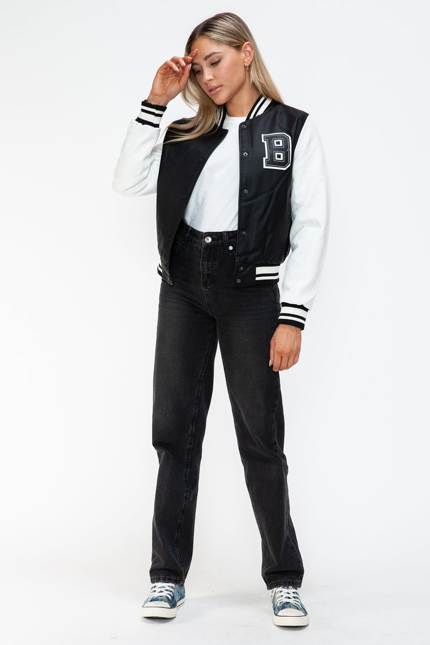 Love Me Now PU Leather Contrast Snap Down Bomber Jacket - TopFashionHQ