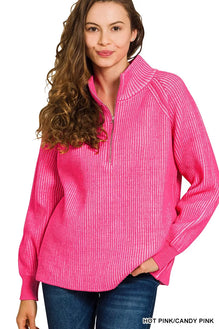 Zenana Ribbed Two Tone Half Zip Sweater