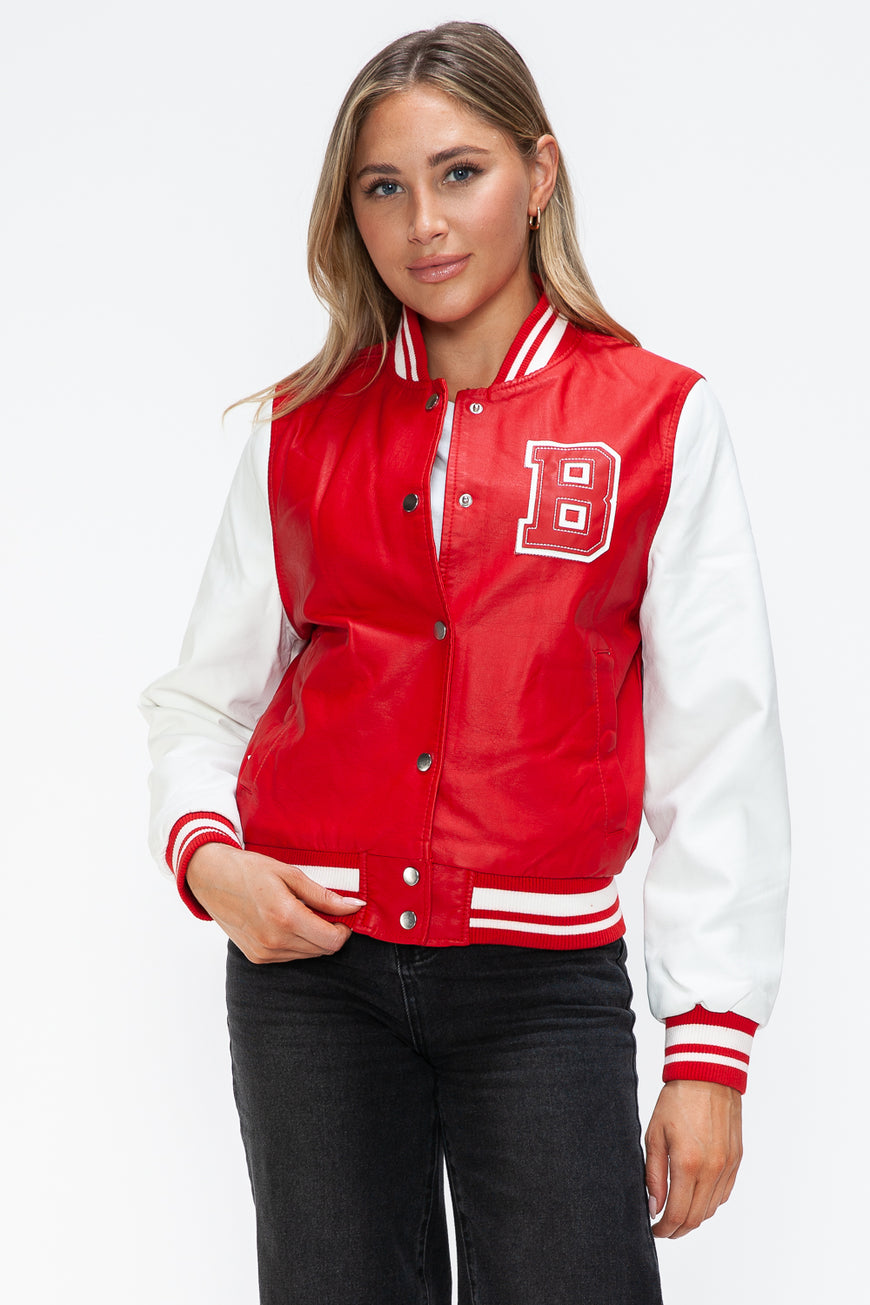 Love Me Now PU Leather Contrast Snap Down Bomber Jacket - TopFashionHQ