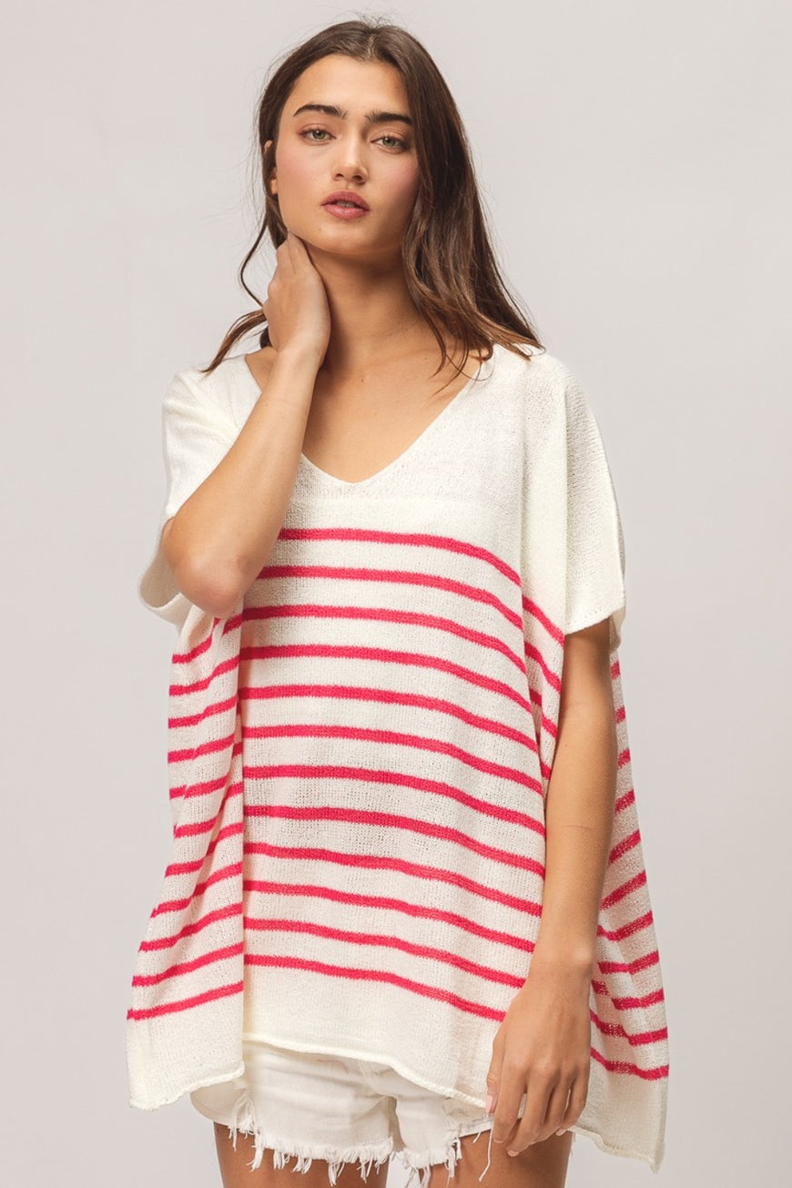 BiBi V Neck Striped Short Sleeve Top - TopFashionHQ