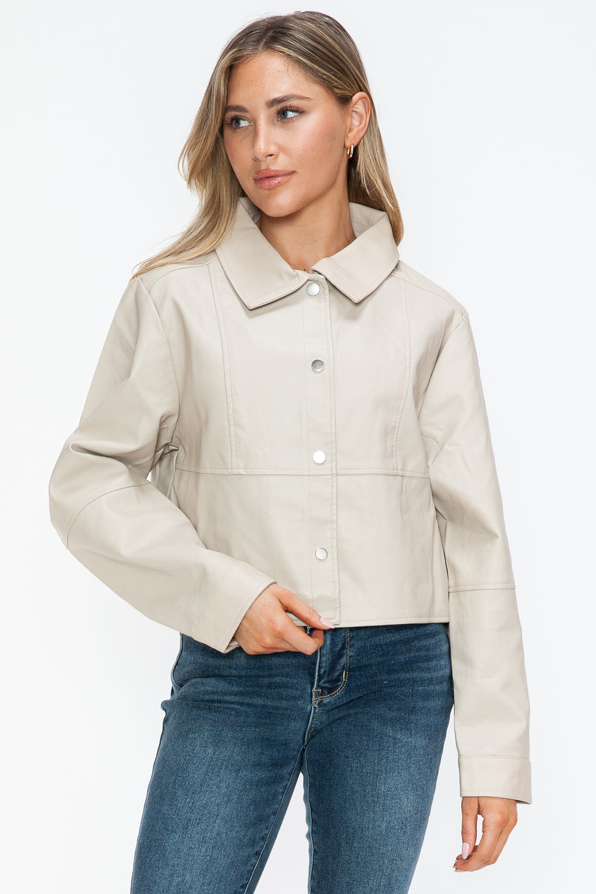 Snobbish Snap Down Long Sleeve PU Leather Jacket - TopFashionHQ