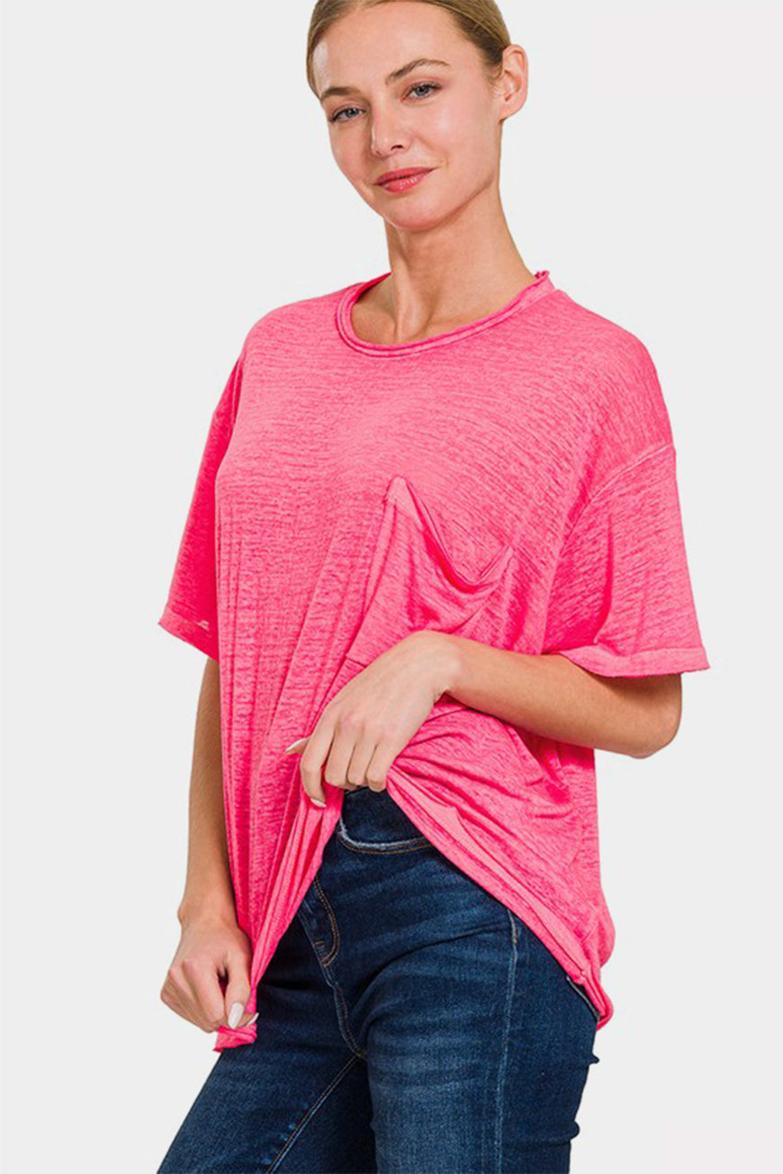 Zenana Pocketed Round Neck Dropped Shoulder T-Shirt