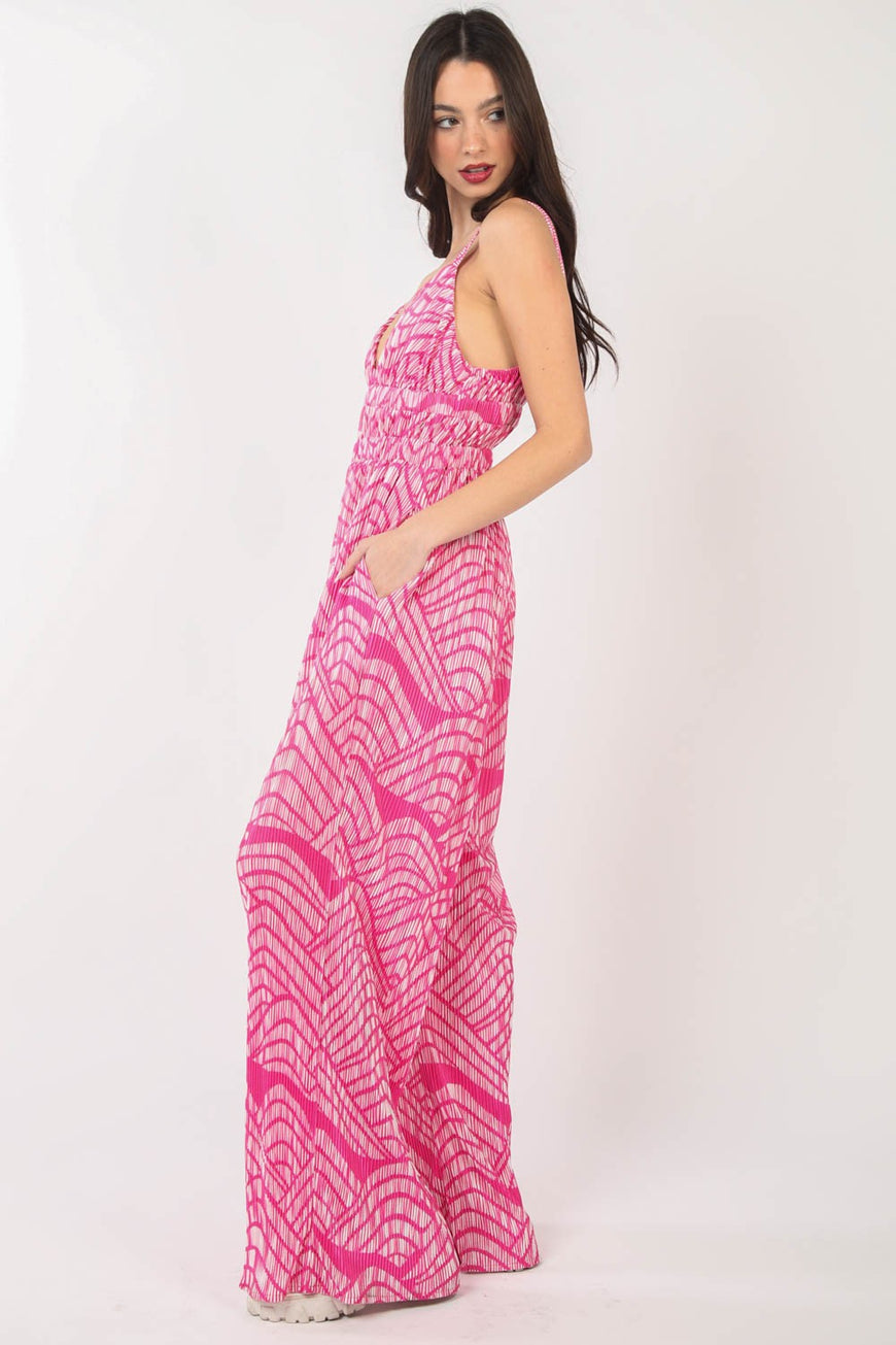 VERY J Printed Pleated Sleeveless Wide Leg Jumpsuit - TopFashionHQ