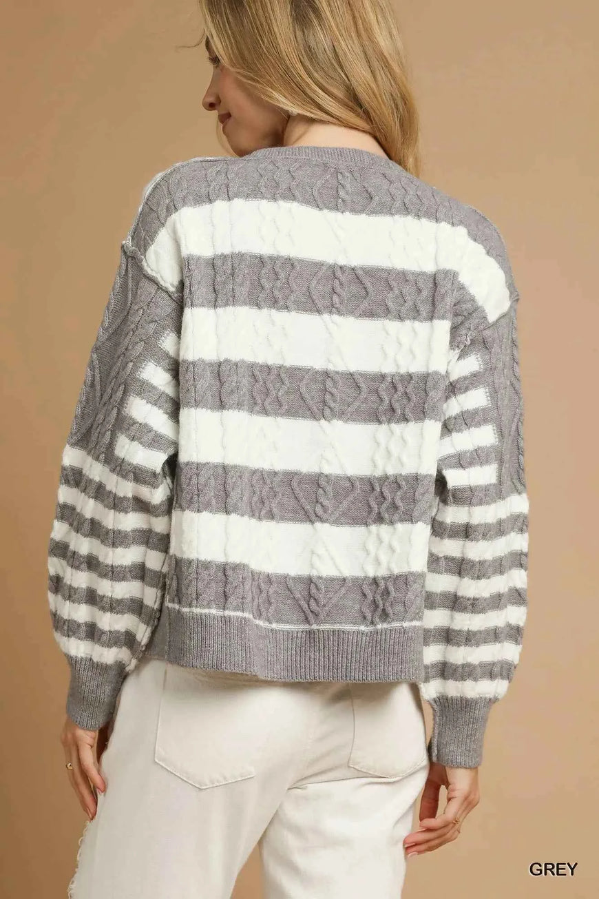 Umgee Cable-Knit Stripe Button-Up Cardigan