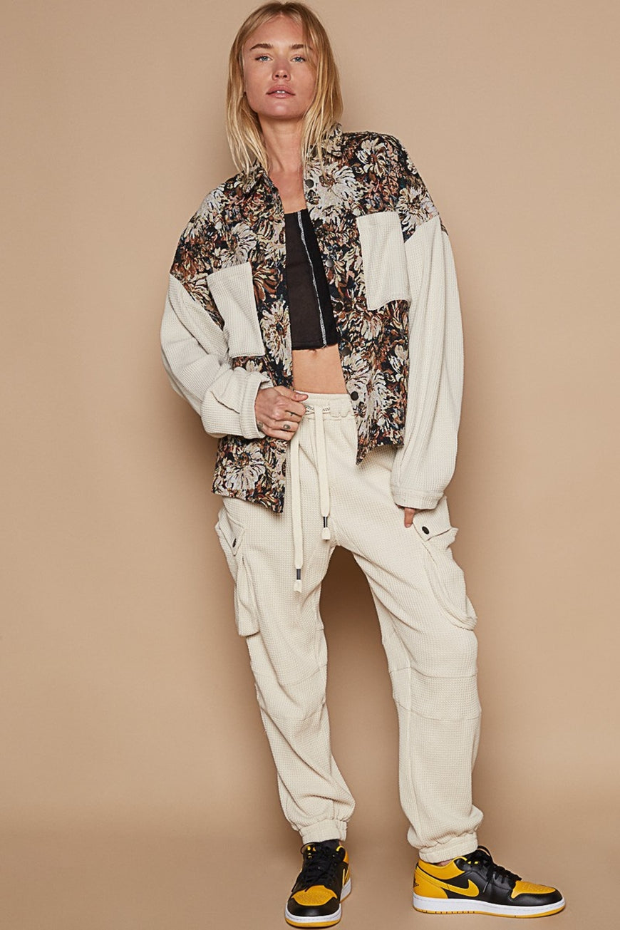 POL Contrast Sleeves Button Down Floral Jacquard Shirt - TopFashionHQ