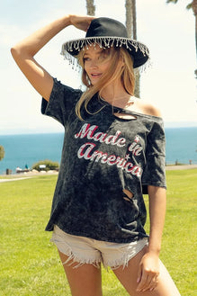 BiBi Laser Cut Mineral Washed America Print Top