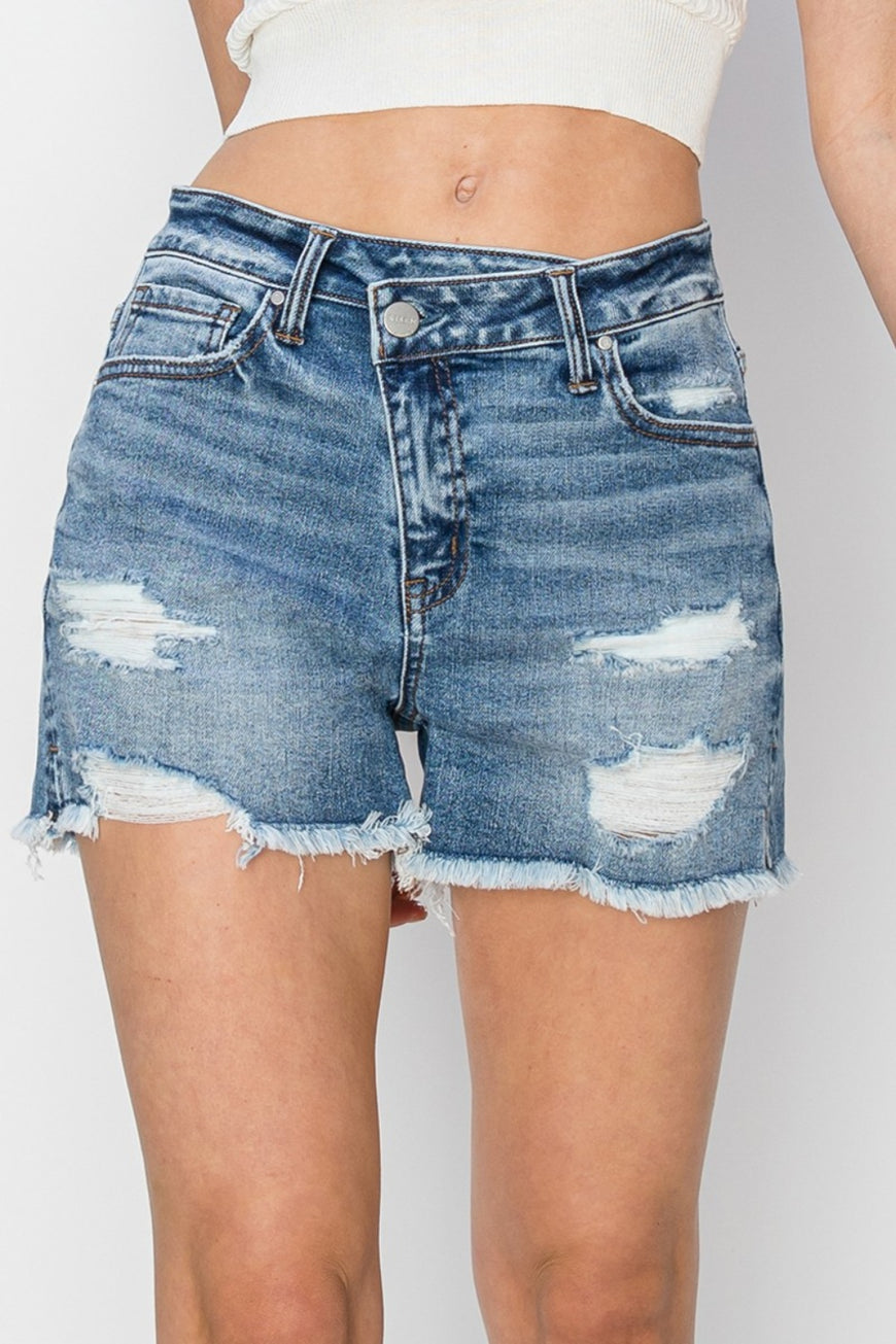 RISEN Stepped Waist Frayed Denim Shorts - TopFashionHQ