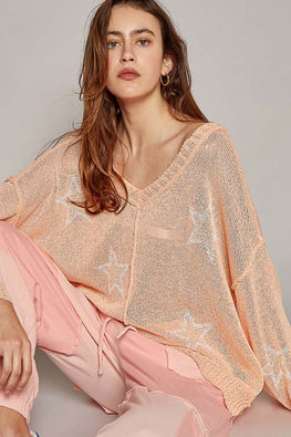 POL V-Neck Long Sleeve Star Print Knit Top - TopFashionHQ