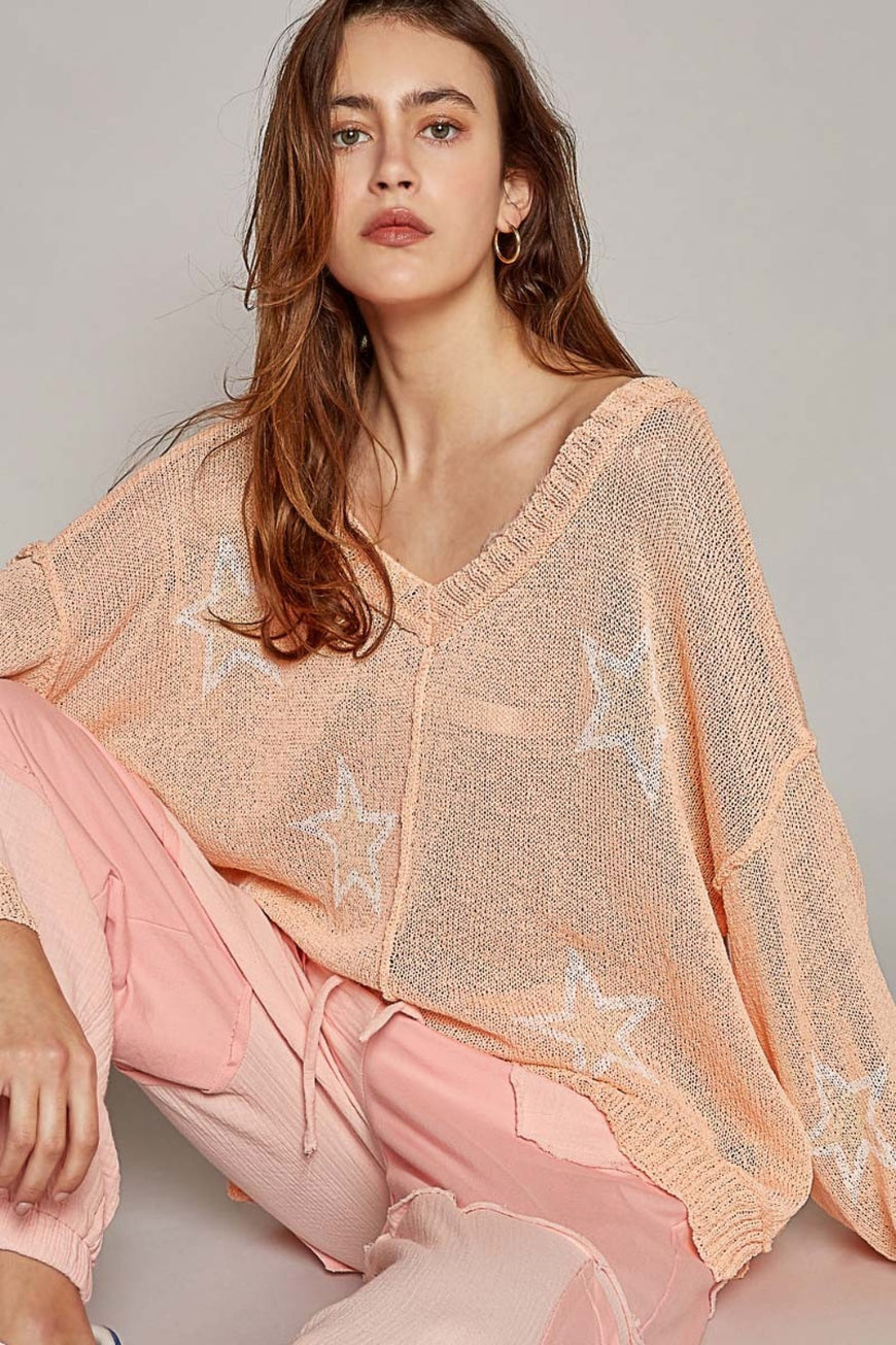 POL V-Neck Long Sleeve Star Print Knit Top - TopFashionHQ