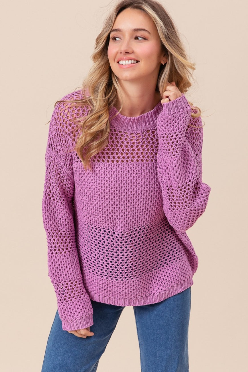 BiBi Openwork Long Sleeve Knit Top - TopFashionHQ
