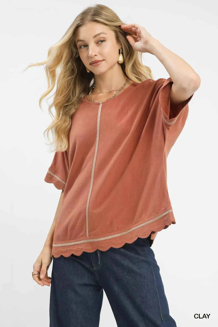 Umgee Linen Blend Scallop Trim Top