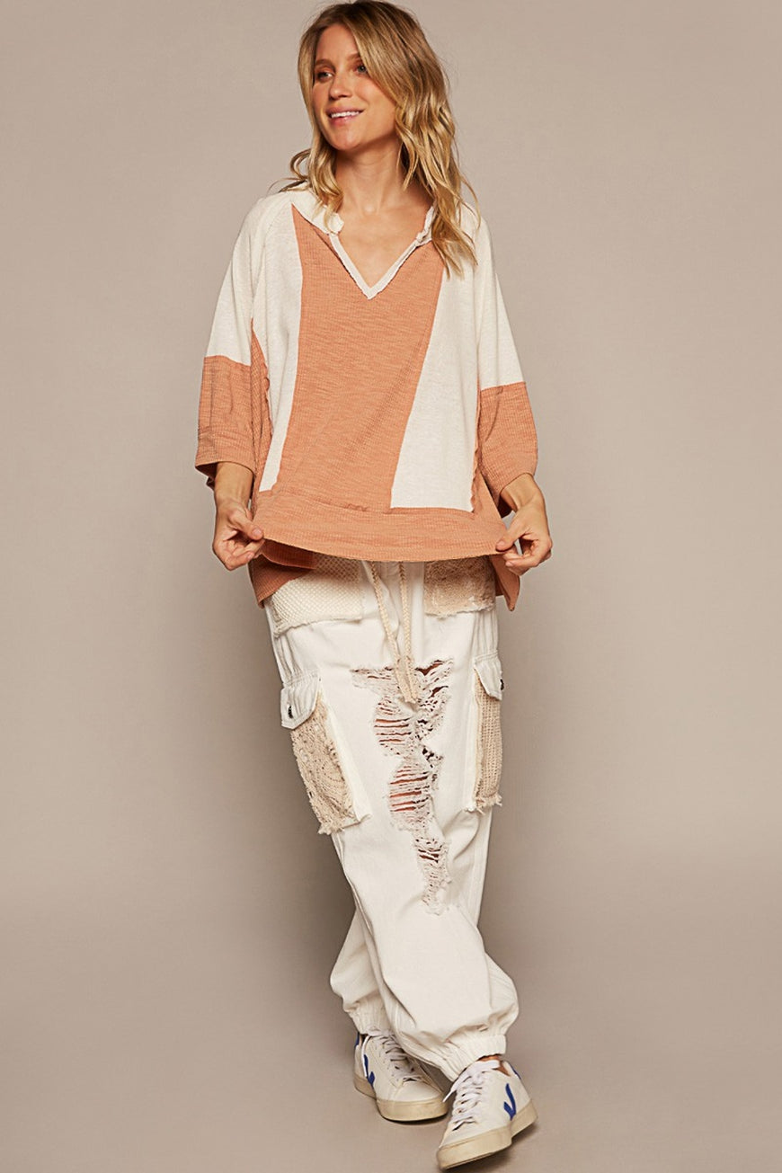 POL Notched Frayed Edge Contrast Top - TopFashionHQ