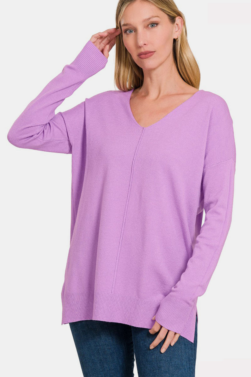 Zenana Slit V-Neck Dropped Shoulder Sweater - TopFashionHQ