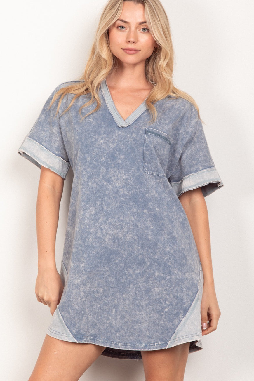 VERY J Short Sleeve V-Neck Tee Dress - TopFashionHQ